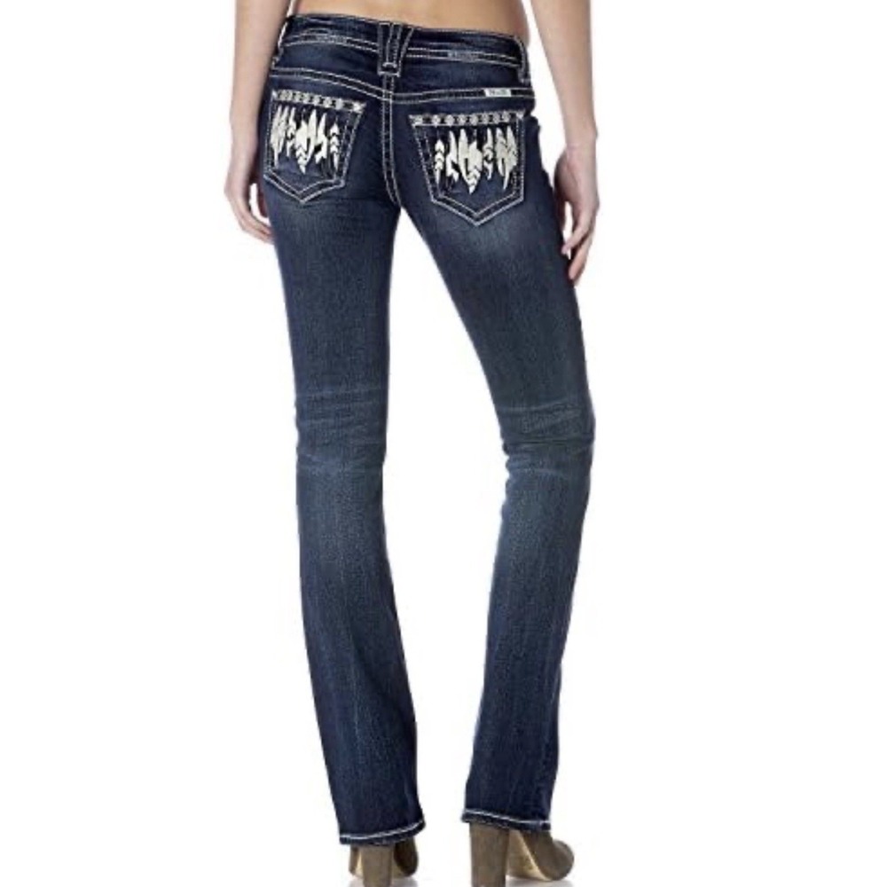 MISS ME Jeans Sz 31Wx34L Blue Slim Boot Feather Studded Embroidered Stretch